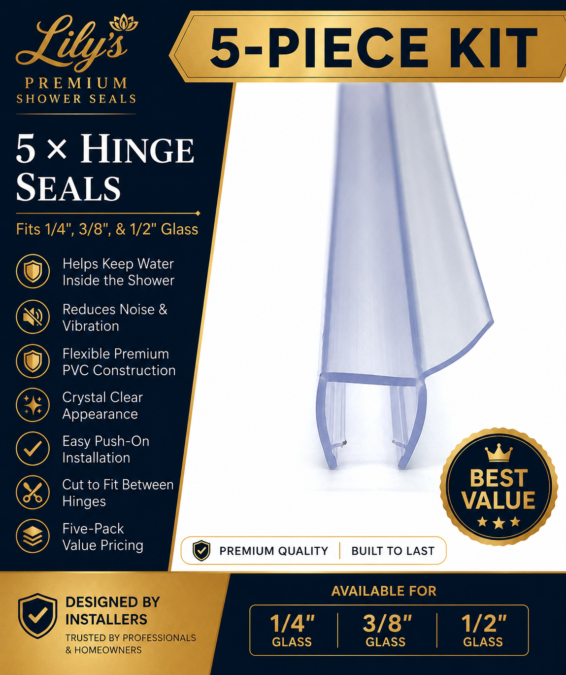 5-Piece Hinge Seal Kit | Premium Frameless Shower Door Replacement Seals