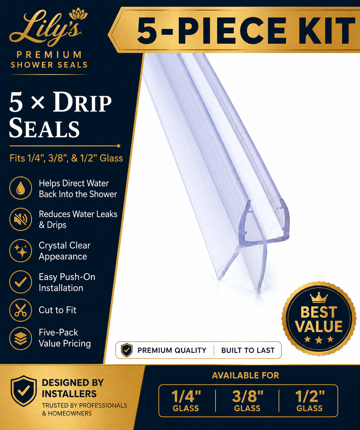 5-Piece Drip Seal Kit | Premium Frameless Shower Door Replacement Seals