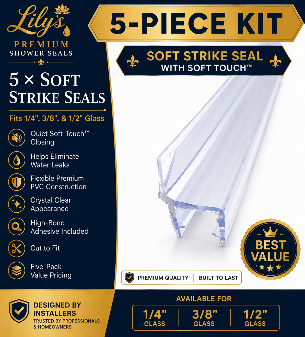 5-Piece Soft Strike Seal Kit | Premium Frameless Shower Door Replacement Seals