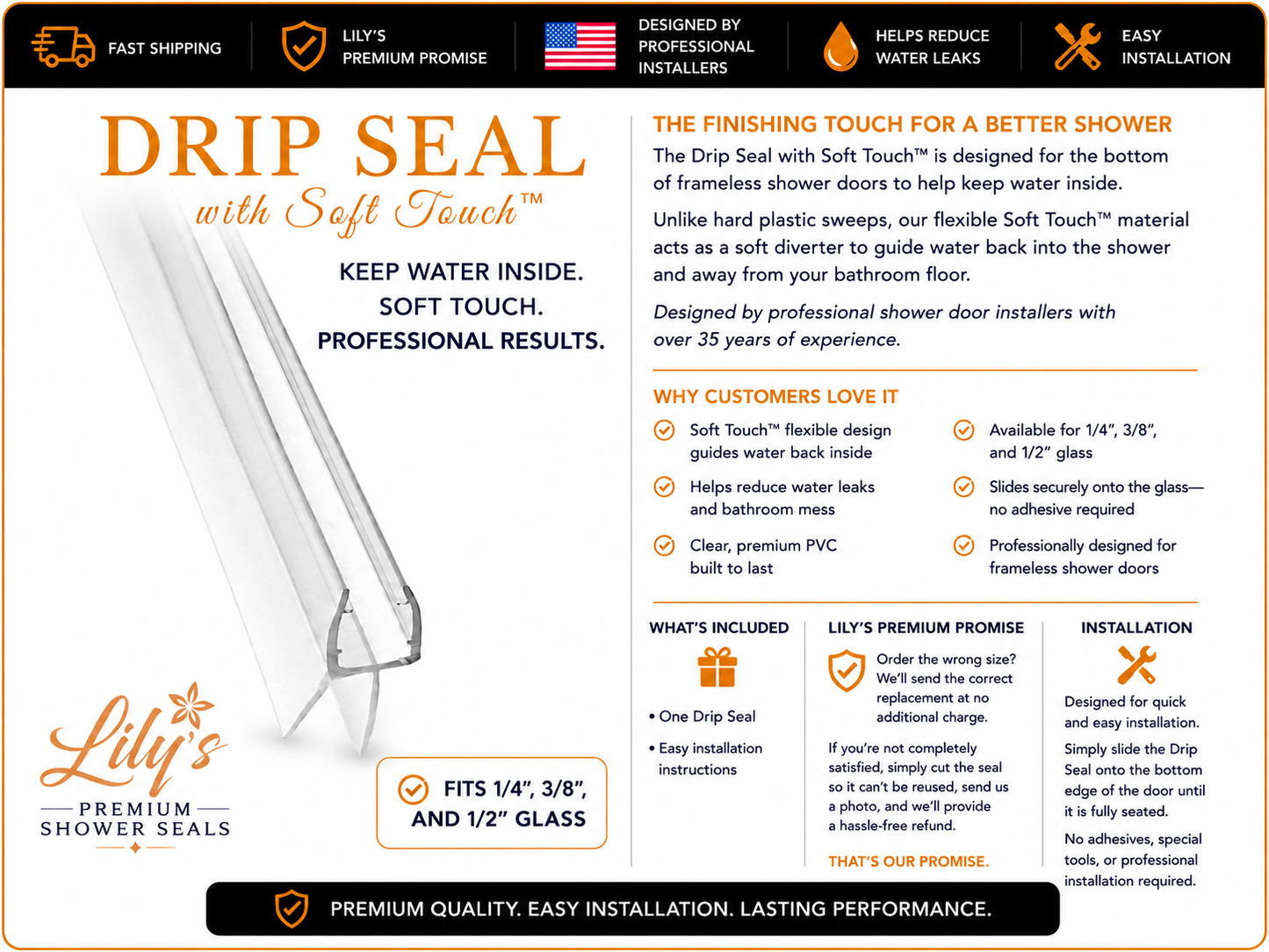 Drip Seal with Soft Touch™ | Frameless Shower Door Bottom Seal | Lily's Premium Shower Seals