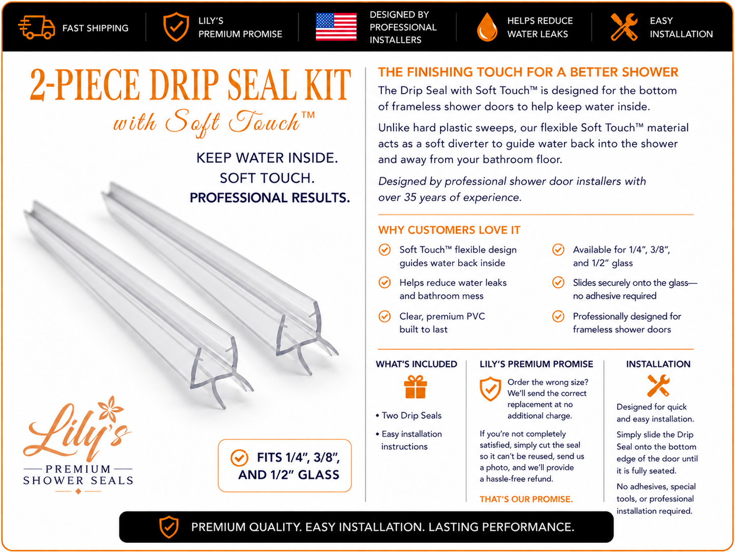 2 Piece Drip Seal Kit with Soft Touch™ | Frameless Shower Door Bottom Seal | Lily's Premium Shower Seals